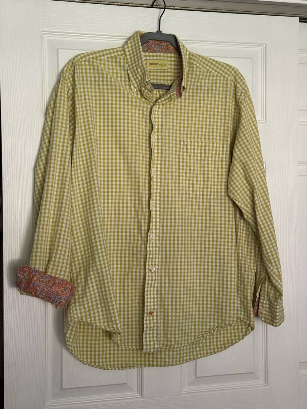 Men's Light Green Gingham Button-Down Shirt with Paisley Contrast Cuff